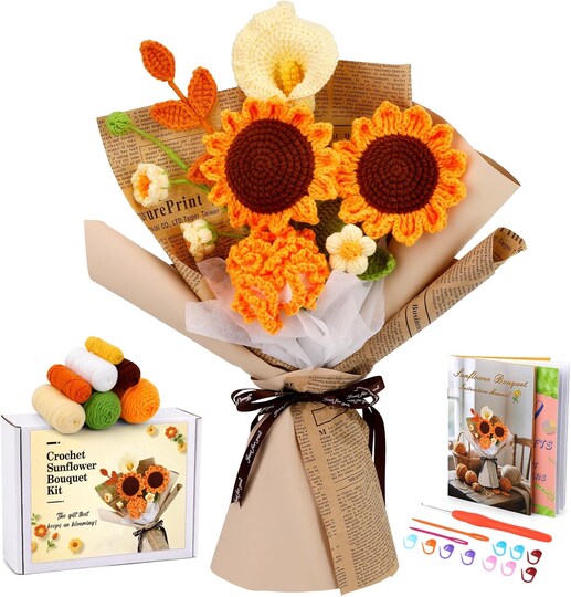 Beginner Crochet Kit for Adults – DIY Flower Bouquet Craft Kit with Step-by-Step Video Tutorials, Yarn, Floral Wire, and Complete Materials for Handmade Gifts